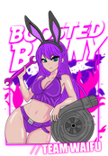 Animated character with bunny ears and purple outfit holding a turbocharger against a pink and purple background.