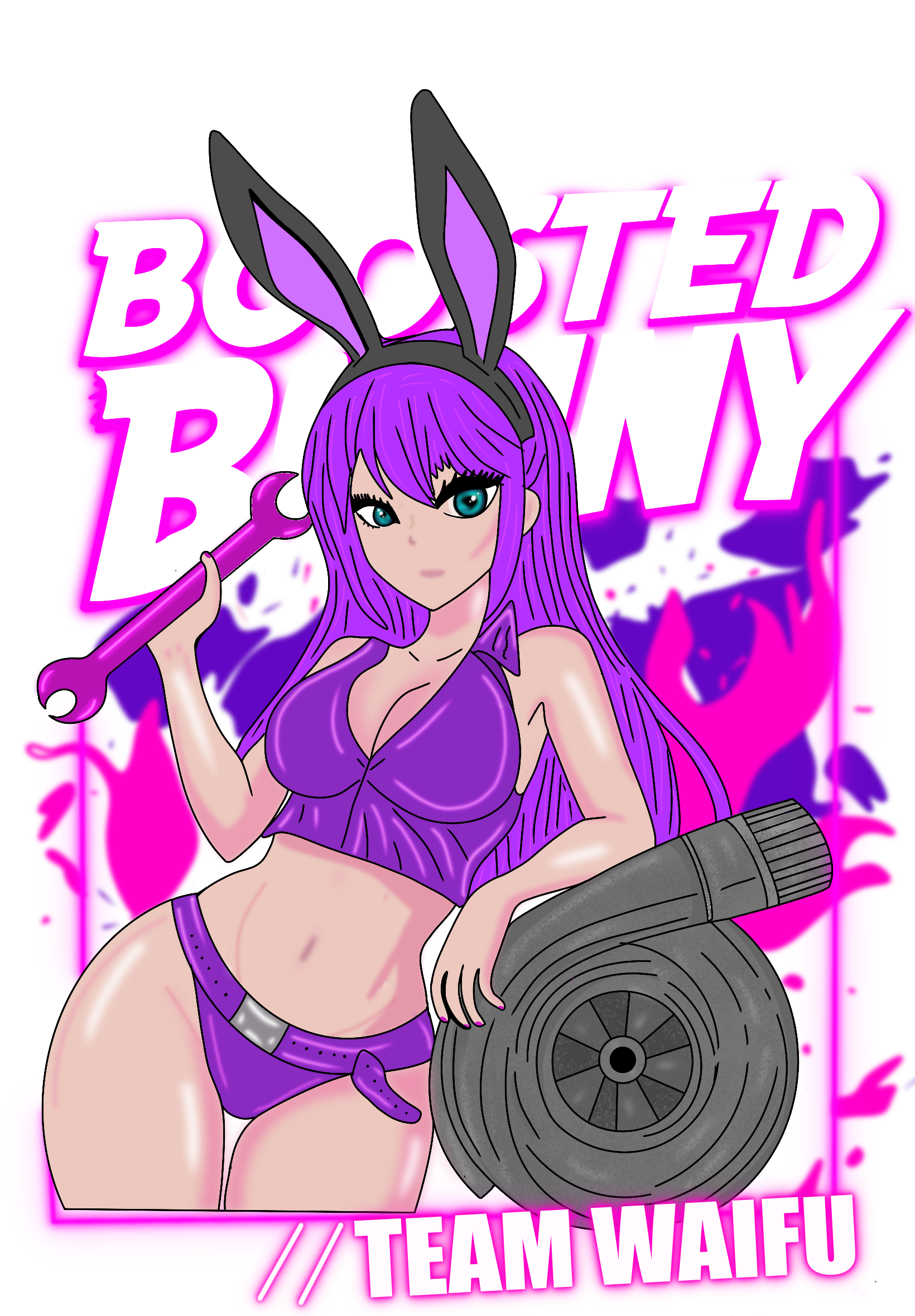 Animated character with bunny ears and purple outfit holding a turbocharger against a pink and purple background.