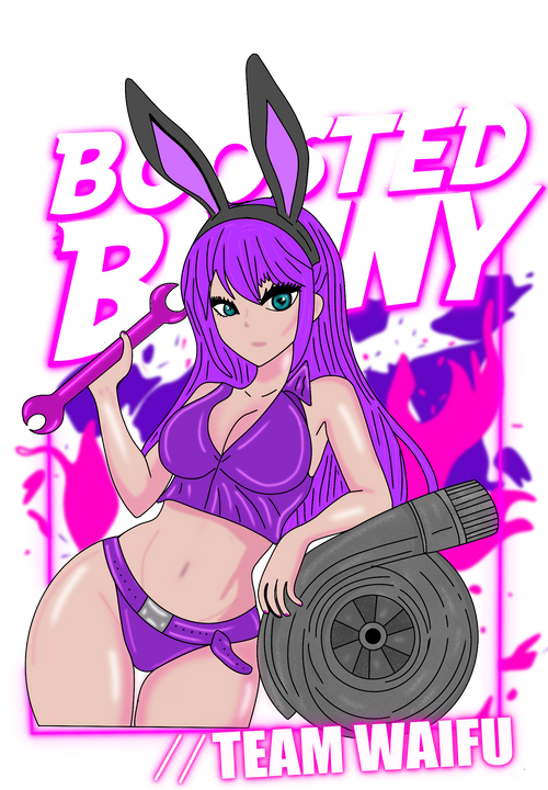 Animated character with bunny ears and purple outfit holding a turbocharger against a pink and purple background.